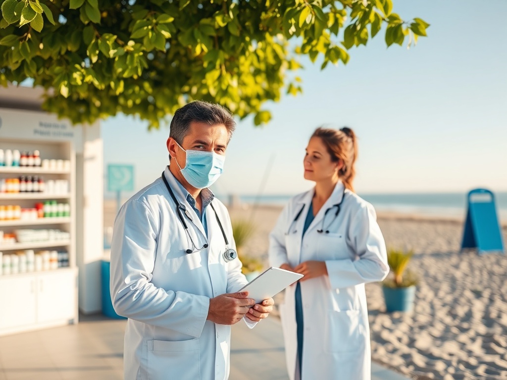 Mapa Kołobrzegu z ikonami symbolizującymi placówki medyczne, ilustrująca kolejki do specjalistów w Kołobrzegu